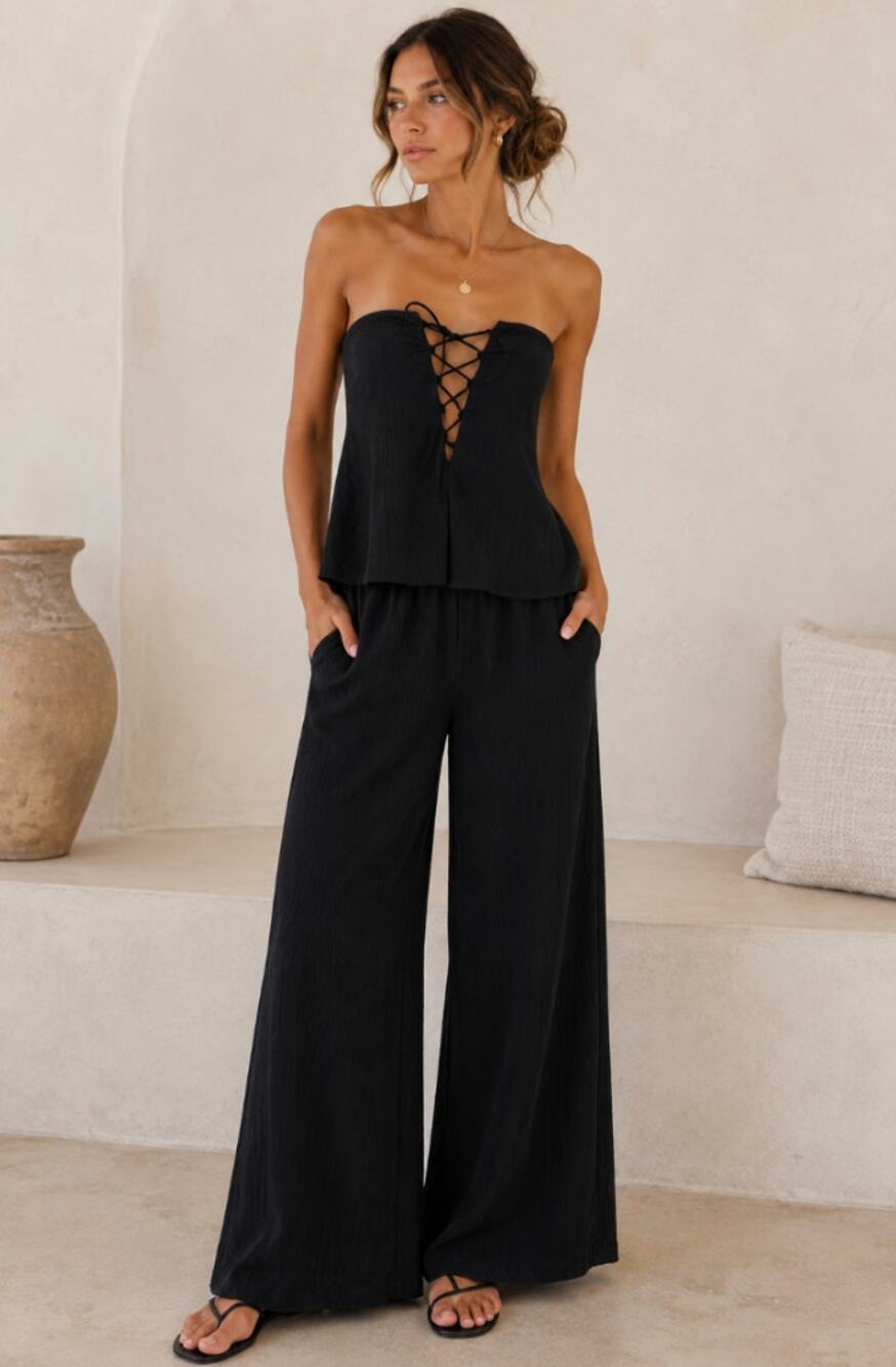 SABO Black Textured Strapless Vacation Open Back Wide Leg Jumpsuit S Coastal